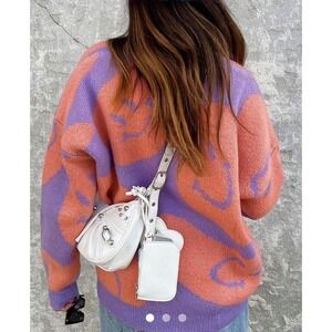 Roolee Smiley Face Sweater Pullover Knitwear Trendy jumper  Purple Orange M/L q2